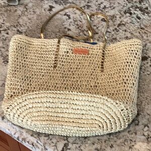 NWT Tommy Bahama straw tote w/gold leather handles